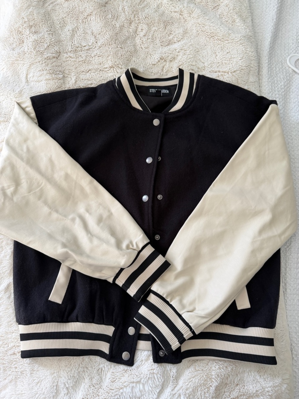 Steve Madden Black and Cream Varsity Jacket